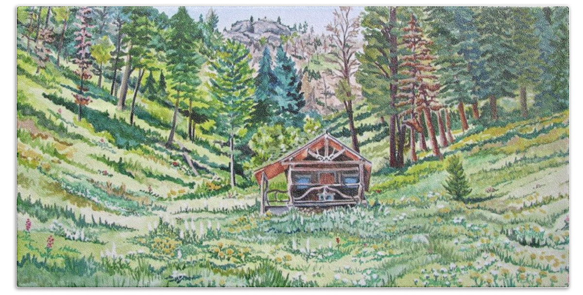 Landscape Hand Towel featuring the painting Montana Mountain Cabin by Linda Williams