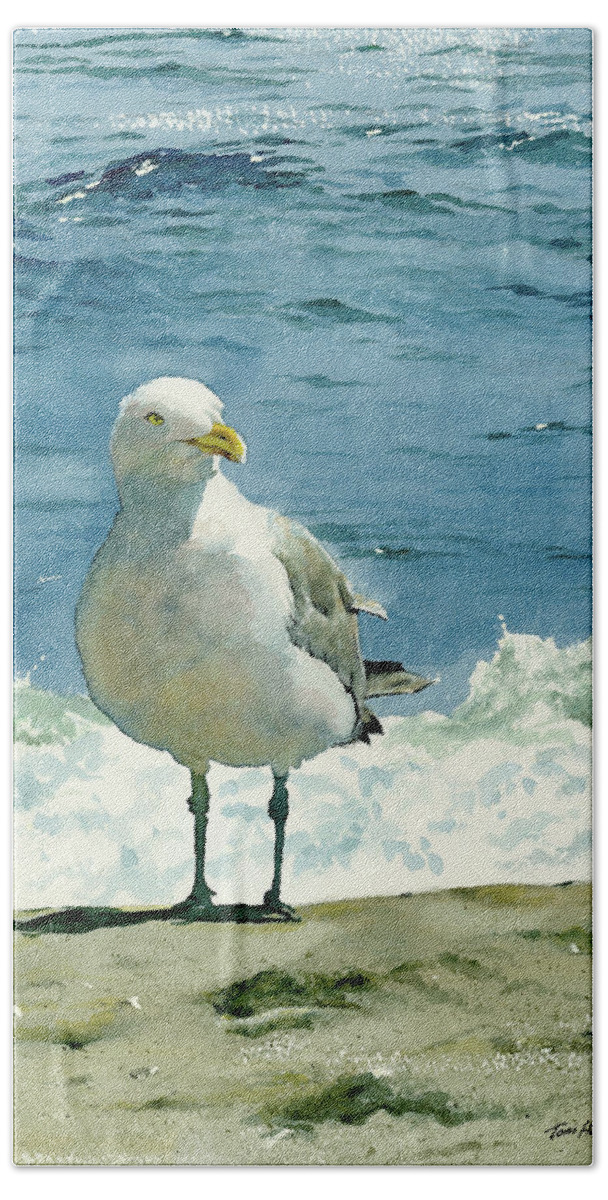 Seashore Print Hand Towel featuring the painting Montauk Gull by Tom Hedderich
