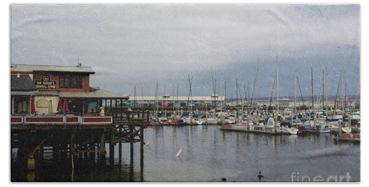 Monterey Bath Towel featuring the photograph Monterey Wharf Meets Harbor by Suzanne Luft