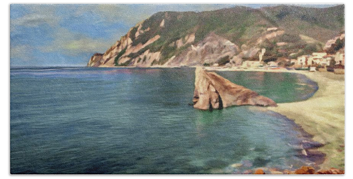 Cinque Terra Hand Towel featuring the painting Monterosso Beach by Jeffrey Kolker