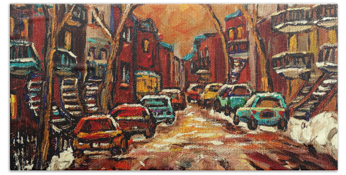 Montreal Street In Winter Hand Towel featuring the painting Montreal Streets In Winter by Carole Spandau