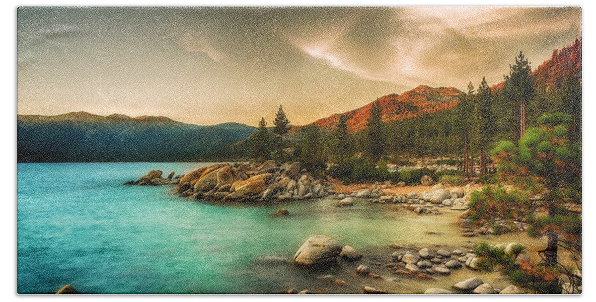 Landscape Bath Towel featuring the photograph Moody Lake by Maria Coulson