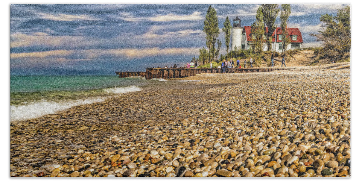 Point Betsie Lighthouse Bath Towel featuring the photograph Moody Skies over Point Betsie by Joe Holley