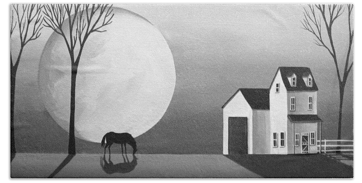 Art Bath Towel featuring the painting Moon Grazing - folk art black white by Debbie Criswell