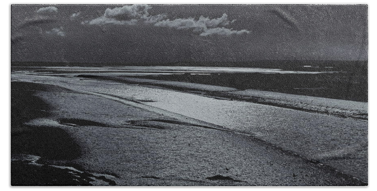 Moon Bath Towel featuring the digital art Moon over the Estuary Monochrome by Jeff Townsend