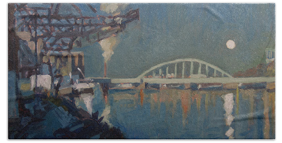 Maastricht Hand Towel featuring the painting Moon over the railway bridge Maastricht by Nop Briex
