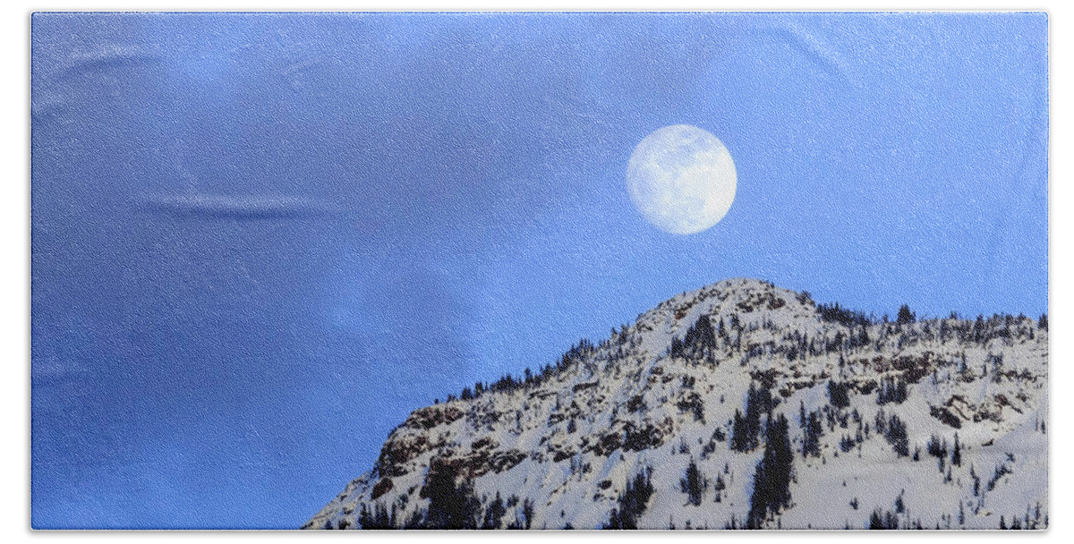Moon Bath Towel featuring the photograph Moon Over Yellowstone by Jack Bell