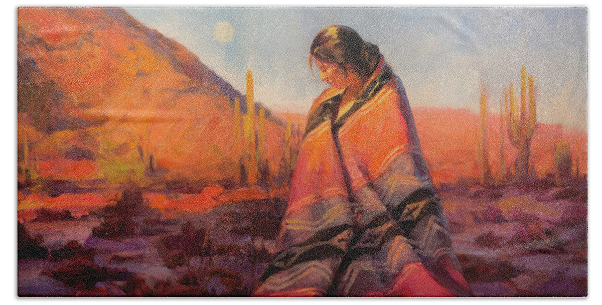 Southwest Hand Towel featuring the painting Moon Rising by Steve Henderson
