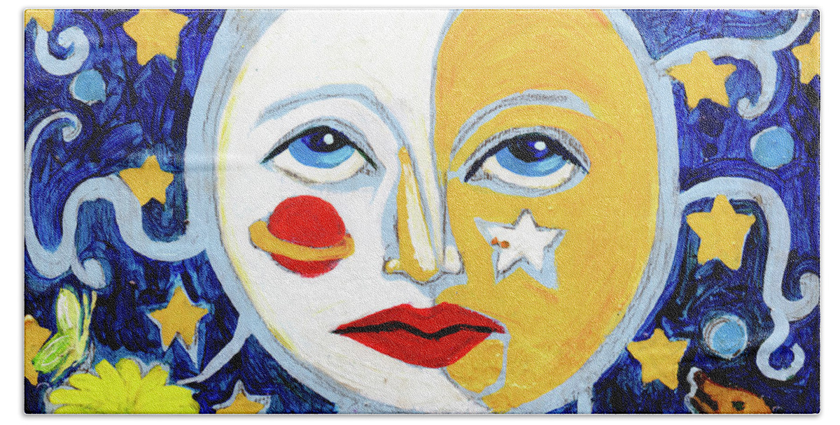 Moon Hand Towel featuring the painting Moonface With Wolf And Stars by Genevieve Esson