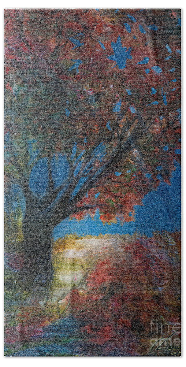 Landscape Hand Towel featuring the painting Moonlit Tree by Denise Hoag