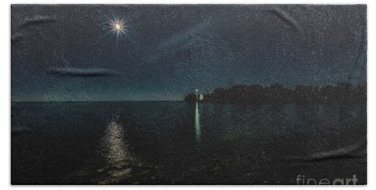 Blue Hand Towel featuring the photograph Moonllight over Pointe Traverse by Roger Monahan