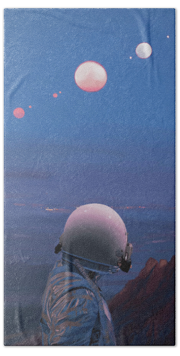 Astronaut Bath Towel featuring the painting Moons by Scott Listfield