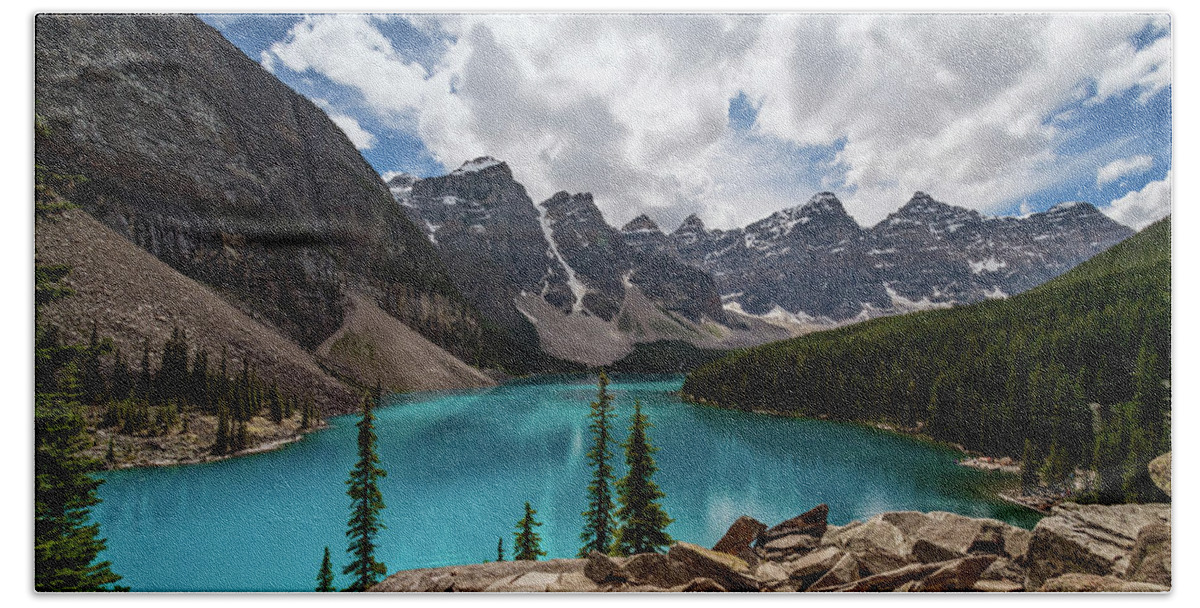 Joan Carroll Hand Towel featuring the photograph Moraine Lake Afternoon by Joan Carroll