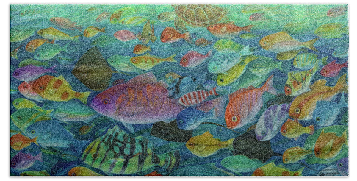Fish Hand Towel featuring the painting More Fish by Lynn Bywaters
