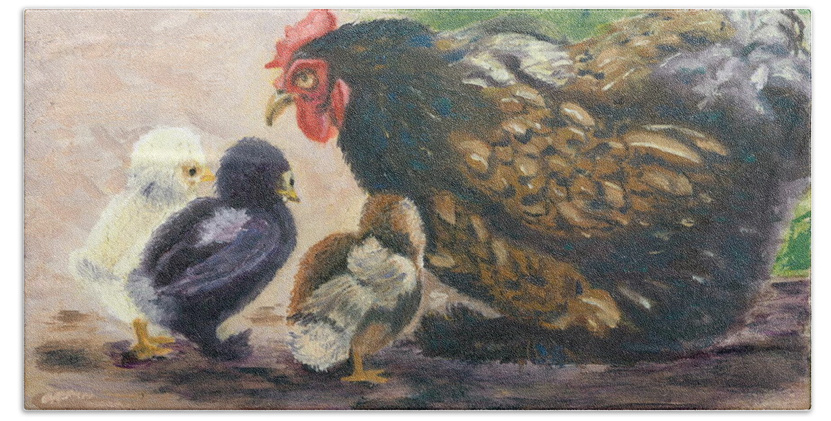 Chickens Hand Towel featuring the painting More of Life by Paula Emery
