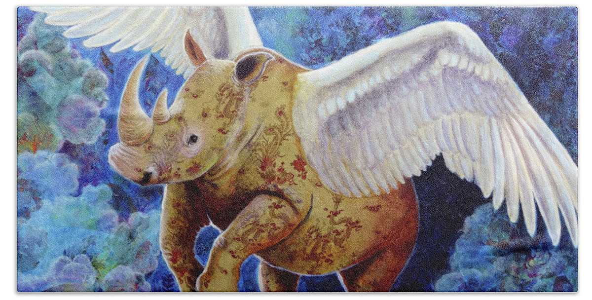 Rhinoceros Hand Towel featuring the painting More Precious Than Gold by Ande Hall