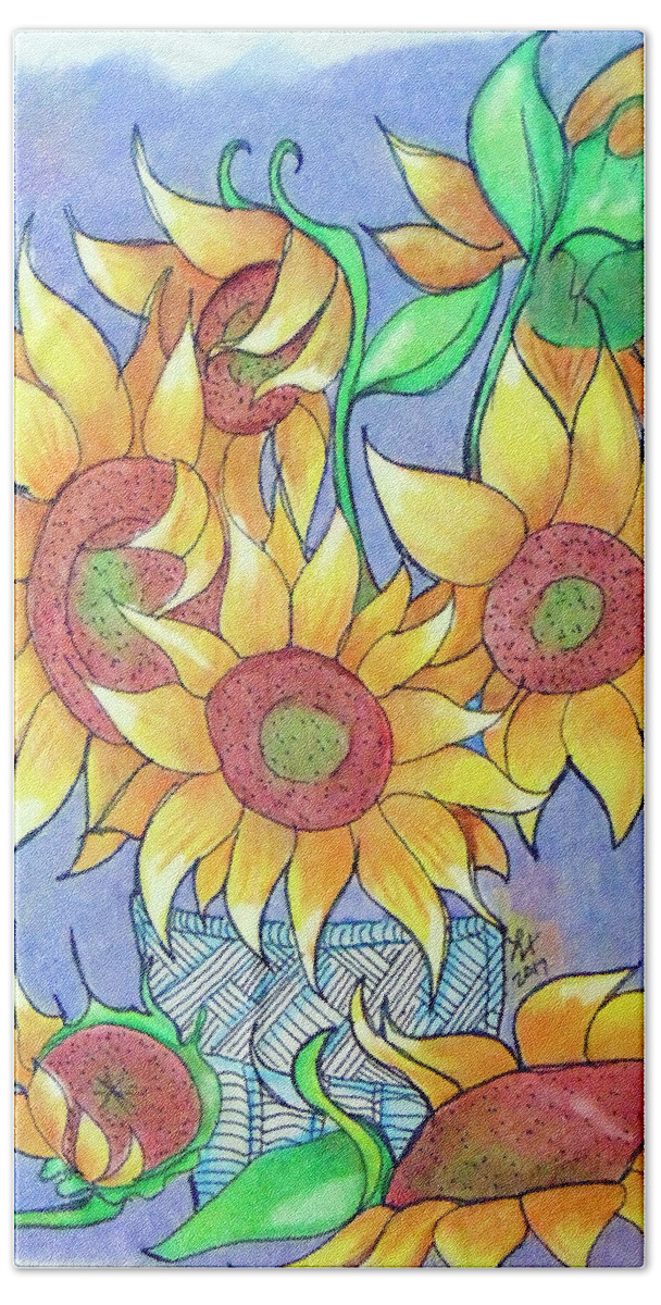 Sunflower Hand Towel featuring the drawing More Sunflowers by Loretta Nash