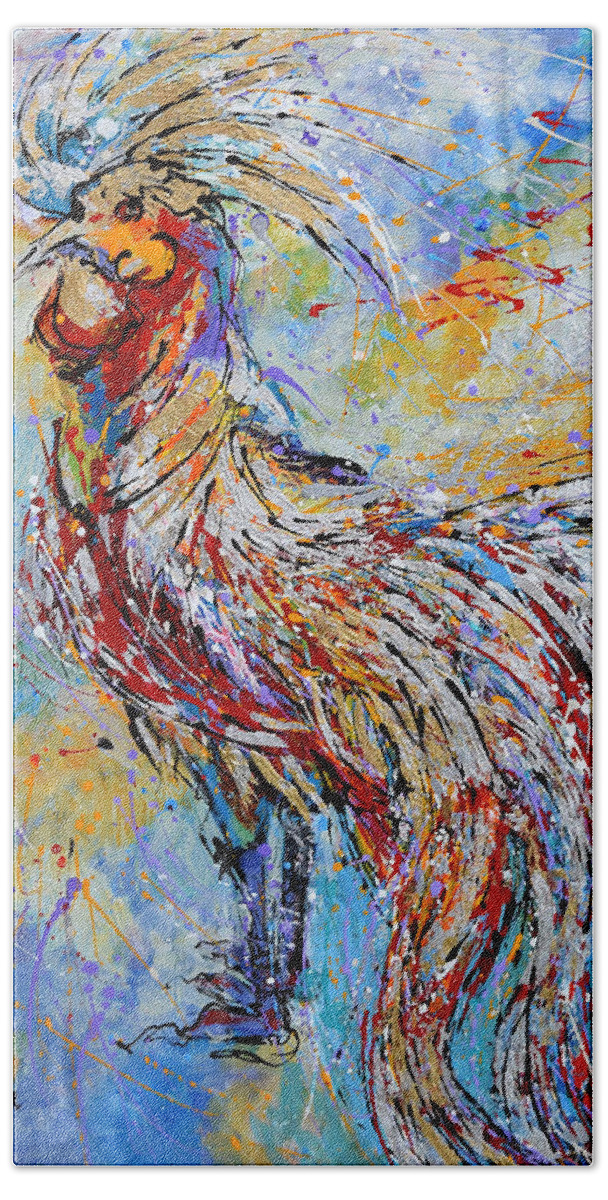 Long Tail Rooster Bath Towel featuring the painting Morning Call by Jyotika Shroff