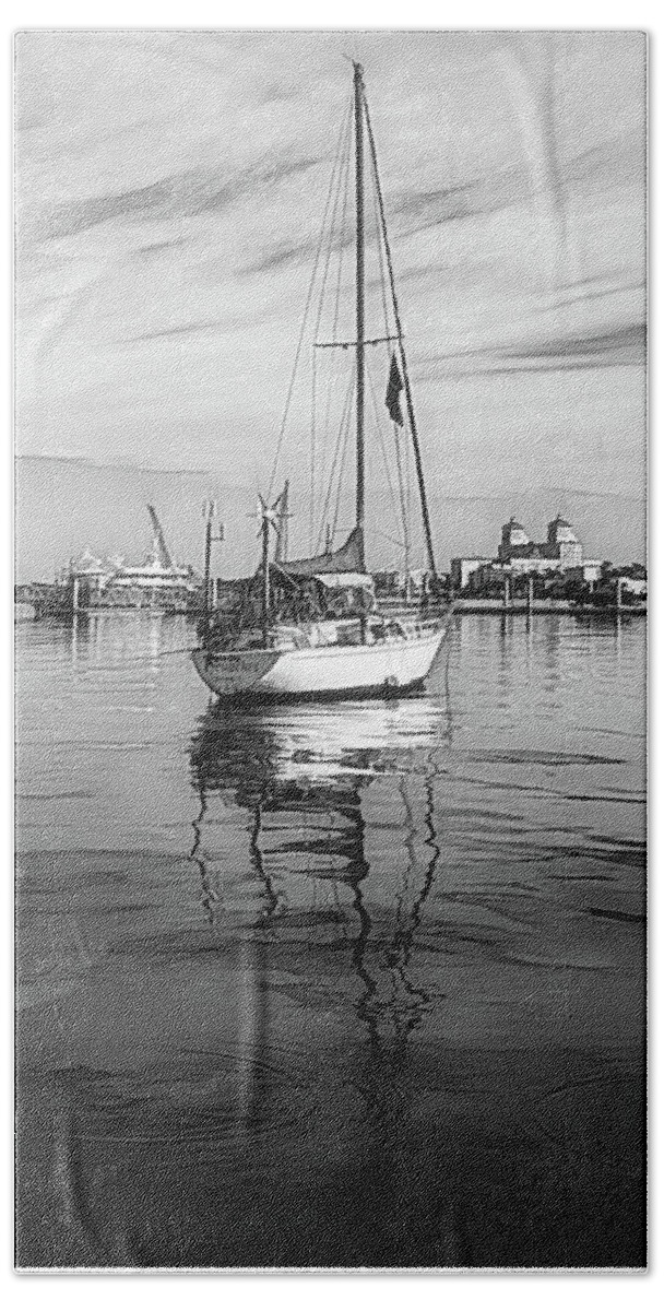 Boats Bath Towel featuring the photograph Morning Float in Black and White Sketch by Debra and Dave Vanderlaan