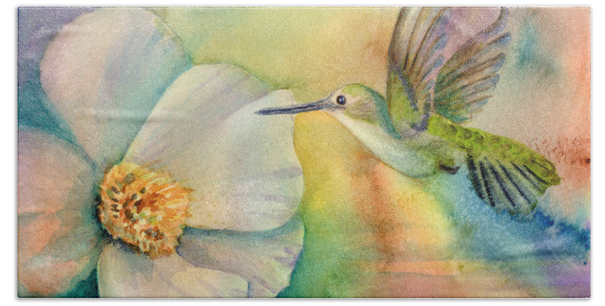 Hummingbird Hand Towel featuring the painting Morning Glory by Amy Kirkpatrick