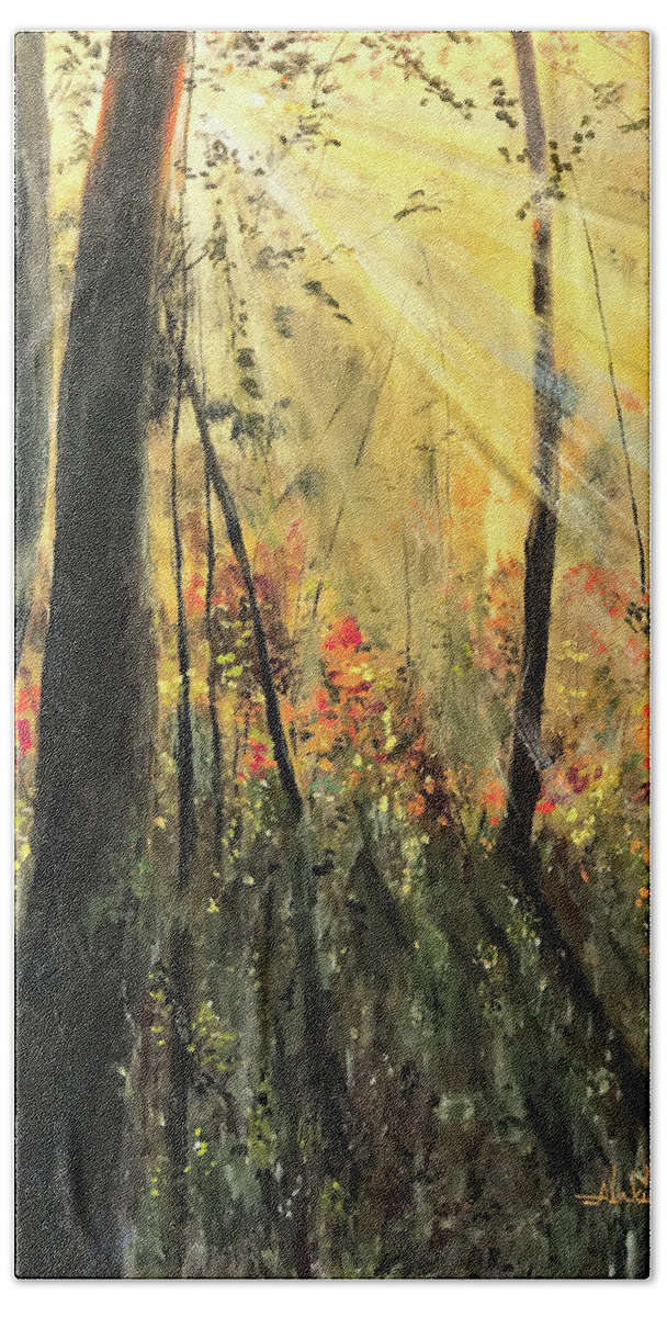 Sunrise Bath Towel featuring the painting Morning Has Broken by Alan Lakin