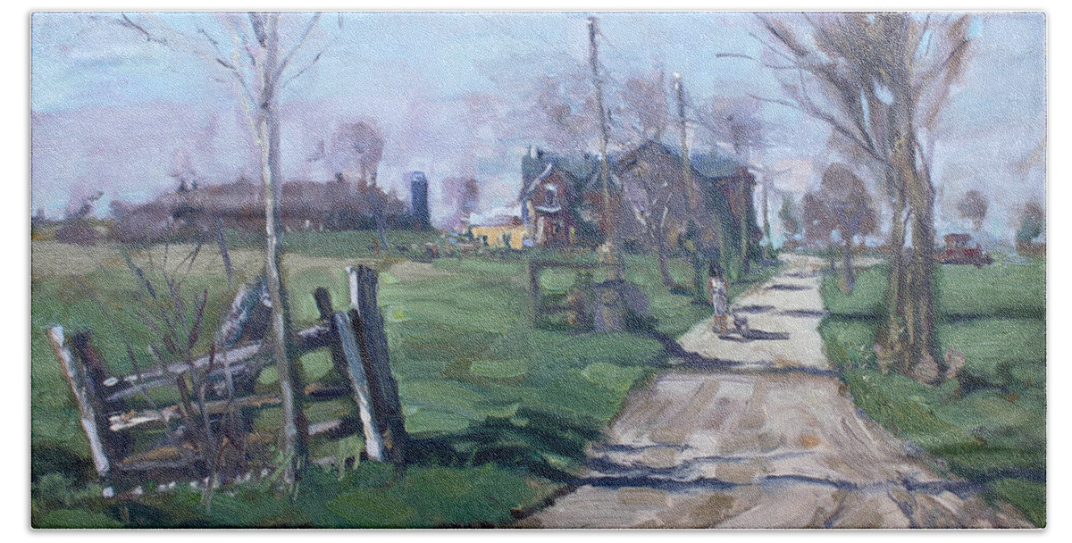Farm Hand Towel featuring the painting Morning in the Farm Georgetown by Ylli Haruni