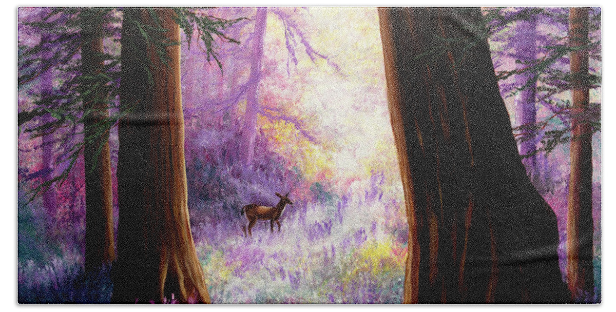 Deer Bath Towel featuring the painting Morning Light Deep in the Redwoods by Laura Iverson