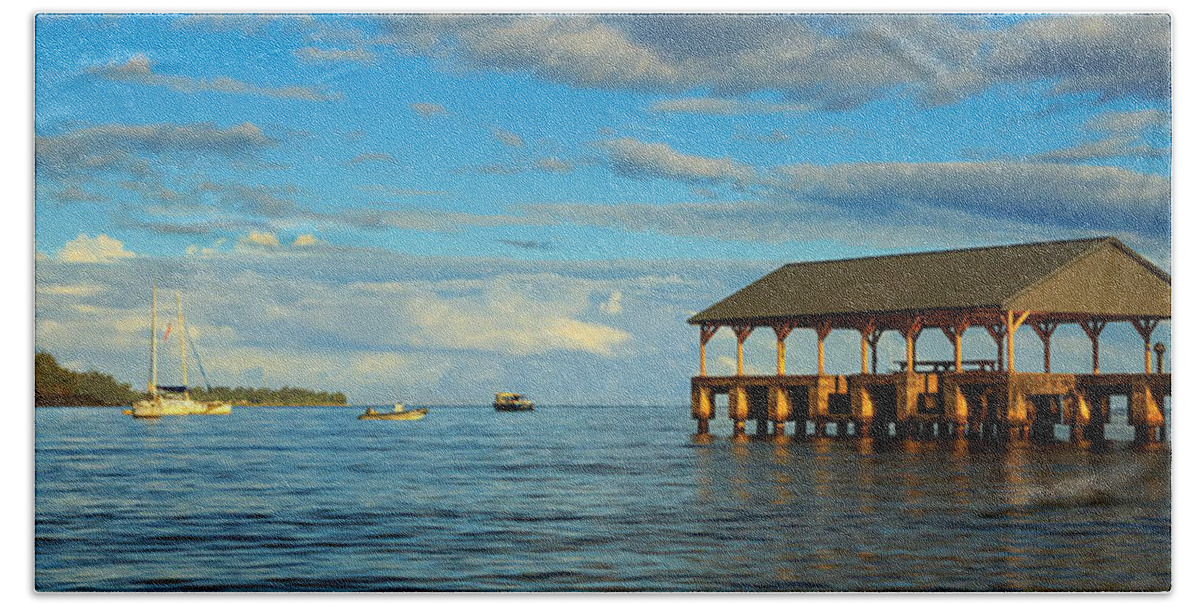 Hanalei Pier Hand Towel featuring the photograph Morning Light On The Hanalei Pier by James Eddy