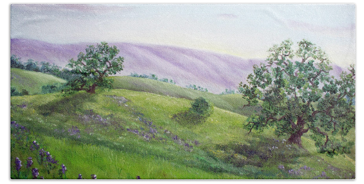 California Hand Towel featuring the painting Morning Lupines by Laura Iverson