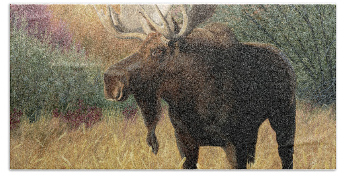 Moose Bath Towel featuring the painting Morning Majesty by Tammy Taylor