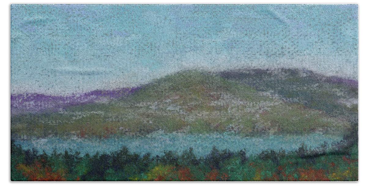 Mountains Bath Towel featuring the pastel Morning Mist by Anne Katzeff
