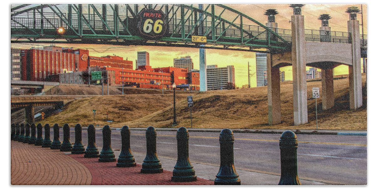 America Hand Towel featuring the photograph Rt 66 Sunrise - Tulsa Oklahoma's Route 66 Sign by Gregory Ballos