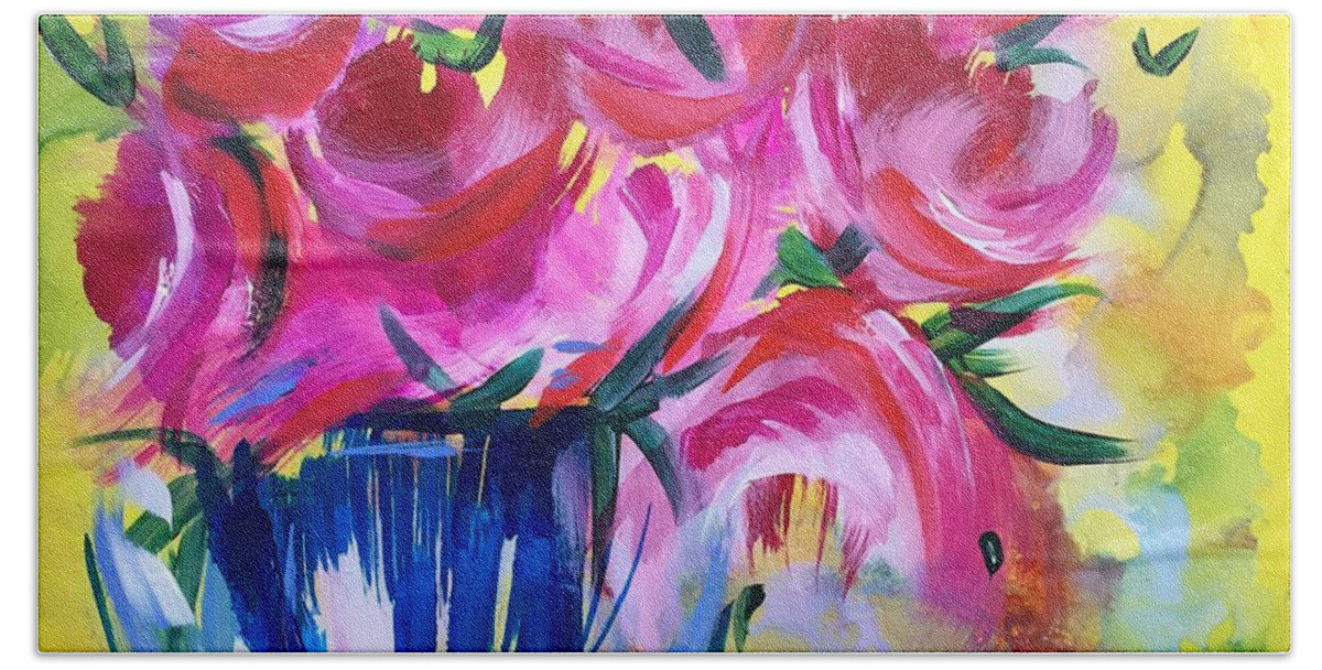 Abstract Bath Towel featuring the painting Morning Peonies by Bonny Butler