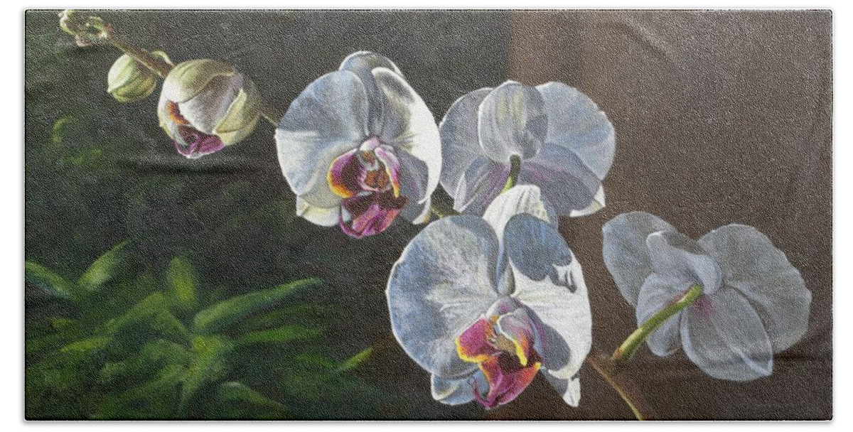 Phaleanopsis Hand Towel featuring the painting Morning Phaleanopsis by Joan Garcia