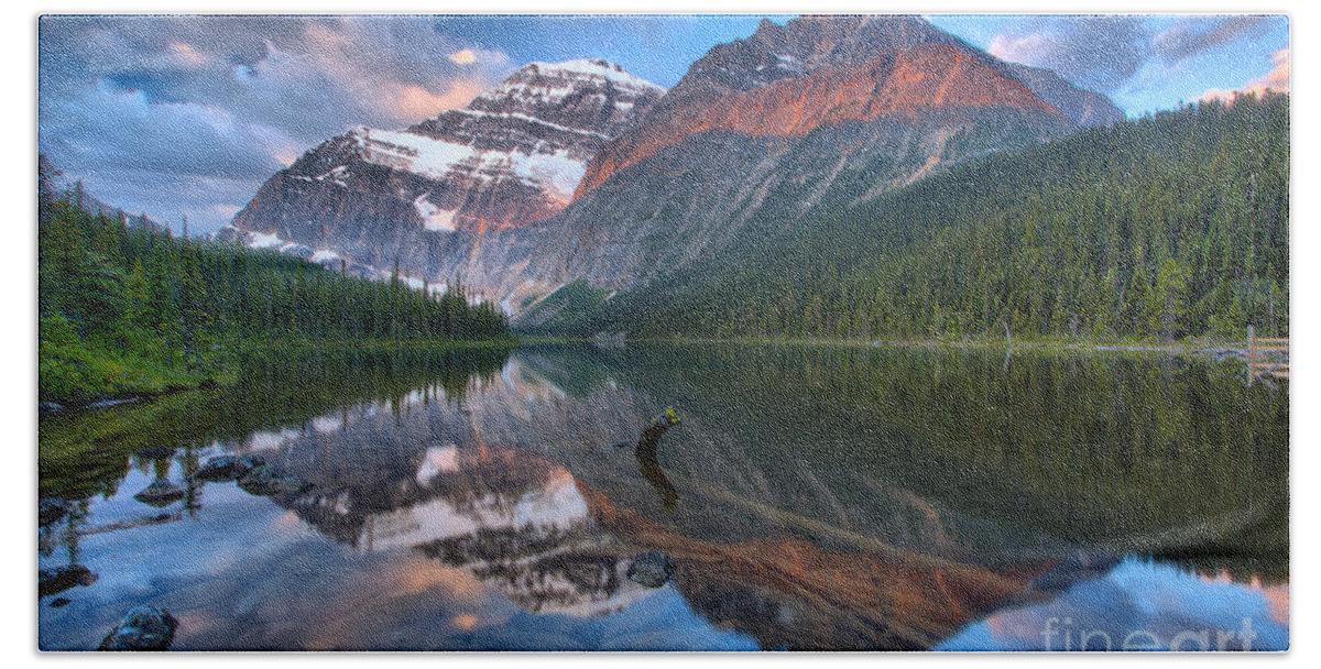  Bath Towel featuring the photograph Morning Reflections In Cavell Pond by Adam Jewell