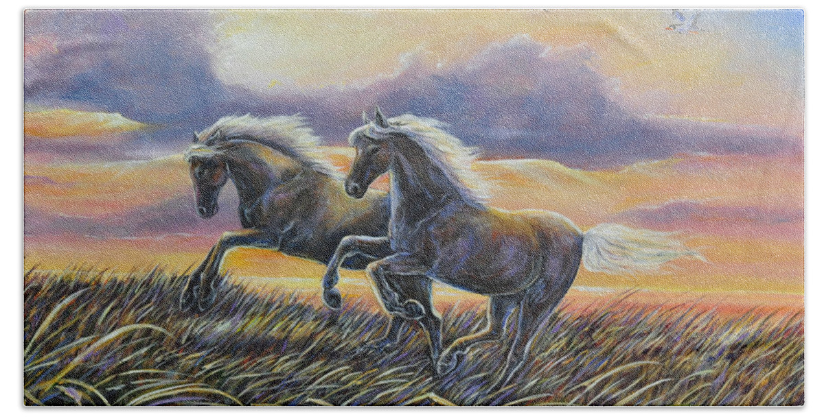 Horses Beach Sunrise Nature Ponies Hand Towel featuring the painting Morning Run by Gail Butler