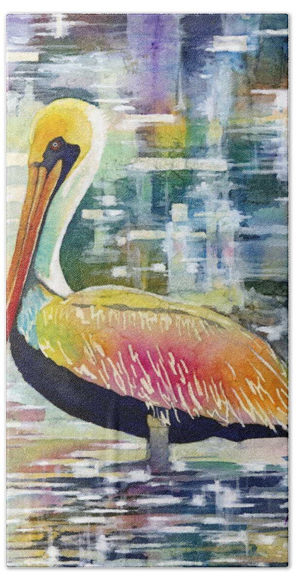 Pelican Hand Towel featuring the painting Morning Solitude by Hailey E Herrera