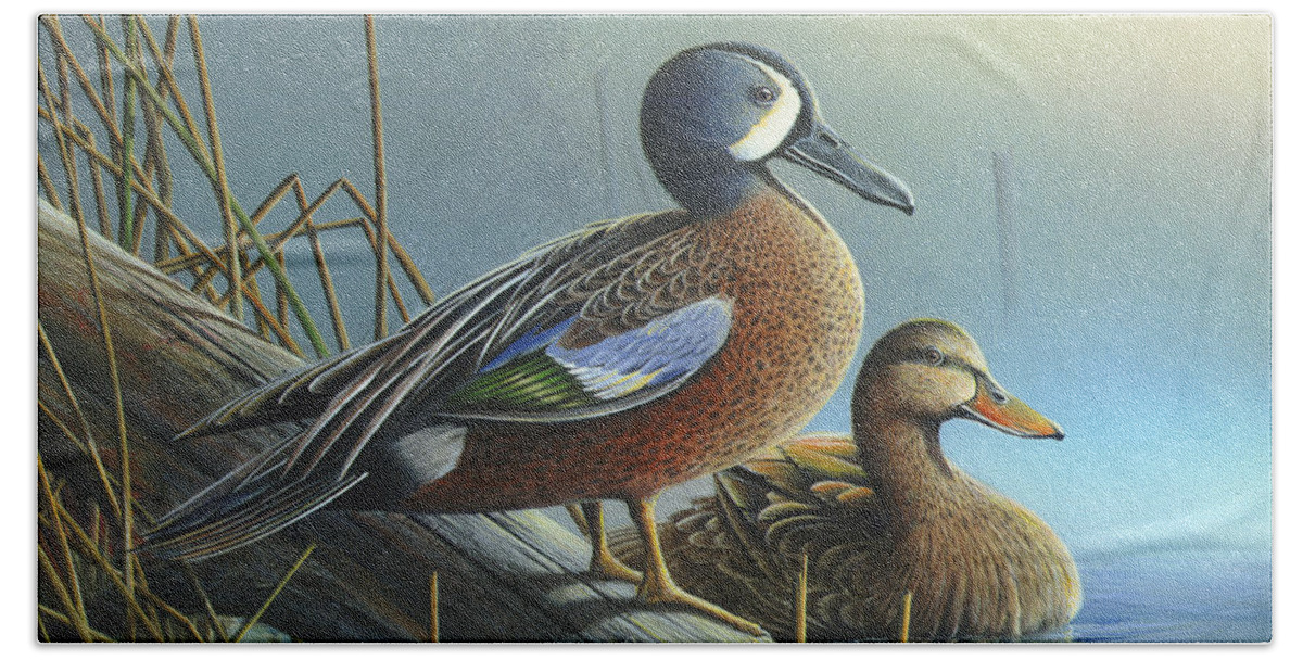 Blue-winged Teal Hand Towel featuring the painting Morning Sun by Mike Brown