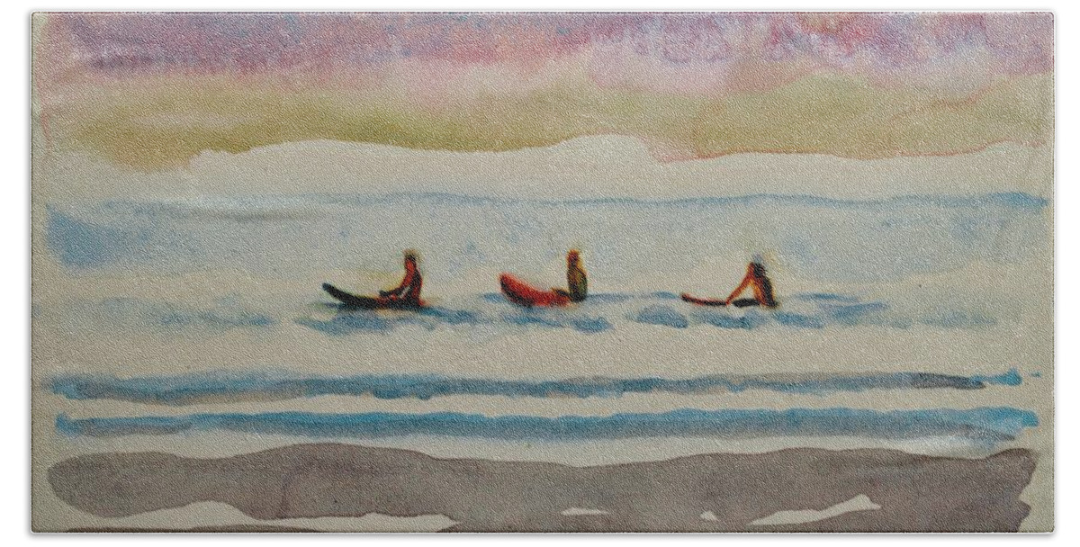 Surfer Paintings Hand Towel featuring the painting Morning surfers 8-16-17 Julianne Felton by Julianne Felton