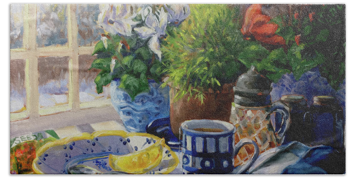Tea With Lemon Bath Towel featuring the painting Morning Tea In The Winter Garden by Barbara Hageman