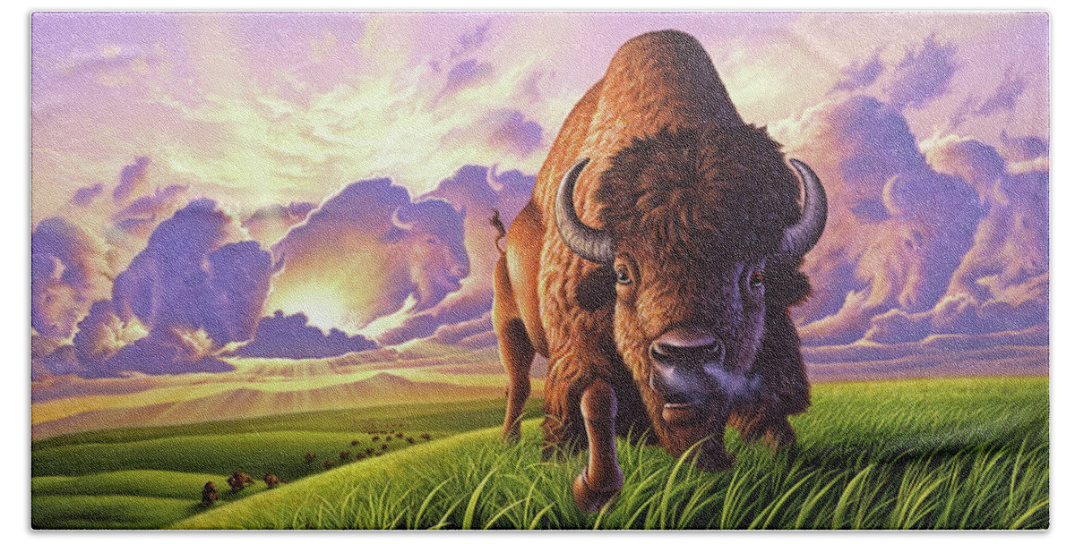 Buffalo Hand Towel featuring the painting Morning Thunder by Jerry LoFaro