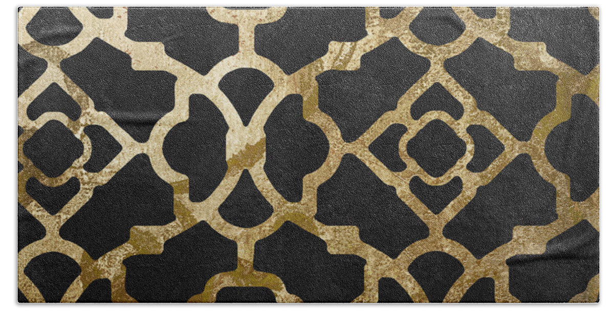 Black And Gold Pattern Bath Towel featuring the painting Moroccan Gold III by Mindy Sommers