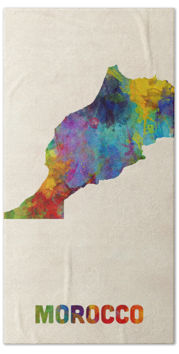 Morocco Hand Towel featuring the digital art Morocco Watercolor Map by Michael Tompsett