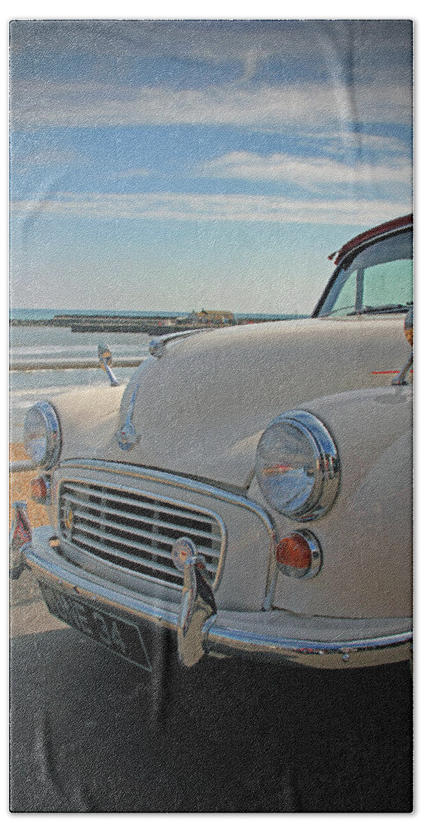 Morris Minor Bath Towel featuring the photograph Morris Minor at the Beach by Ruth Parsons