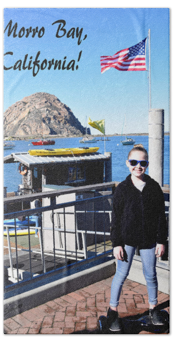 Cutie Pie On An Electric Skate Board Bath Towel featuring the painting Morro Bay Cutie Pie on an Electric Skate Board by Floyd Snyder