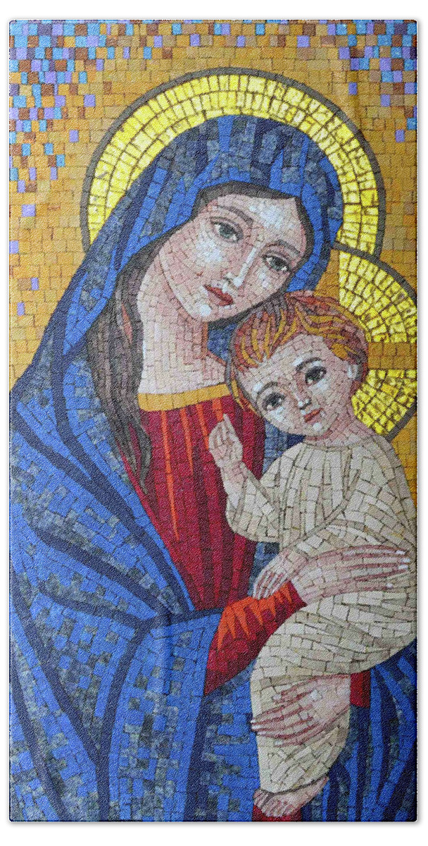 Mosaic Bath Towel featuring the photograph Mosaic Jesus and Mary by Munir Alawi