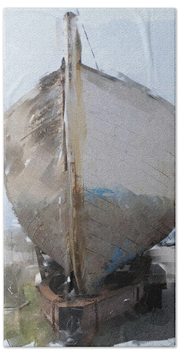 Boat Bath Towel featuring the painting Moss Landing Boat by Sarah Madsen