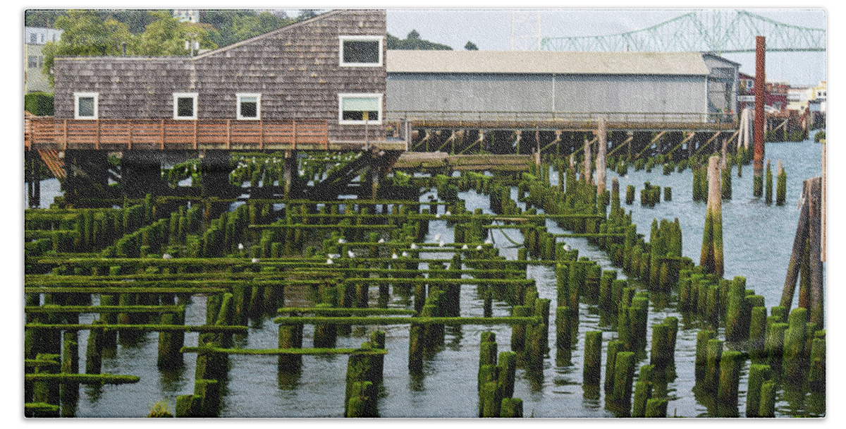 Mossy Pilings Bath Towel featuring the photograph Mossy Pilings by Tom Cochran