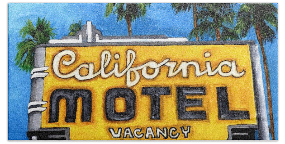 Sign Hand Towel featuring the painting Motel California by Debbie Brown