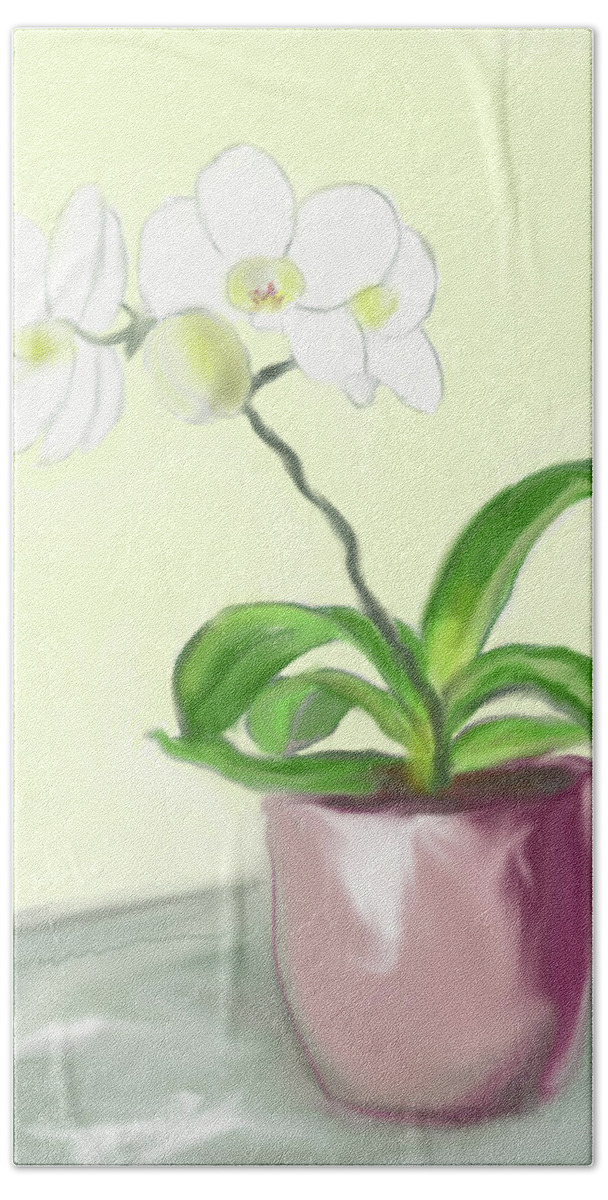 White Bath Towel featuring the painting Moth Orchid by Jean Pacheco Ravinski